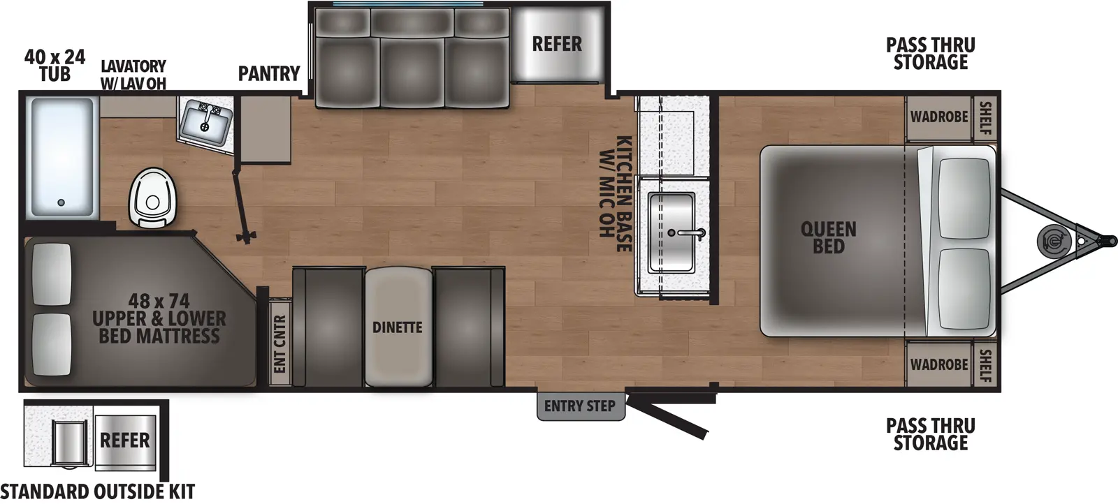 The Northern Spirit DLX & Compact 5250RS floorplan has one entry and one slide out. Exterior features include: metal exterior and outside kitchen. Interiors features include: bunk beds and front bedroom.